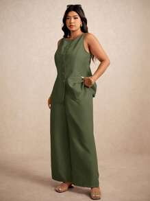 Elaquor Conjunto de 3 Peças Plus Size: Colete Casual, Camisa e Calça Reta