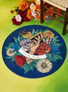 Frida Kahlo X SHEIN 1 pieza Alfombra redonda con estampado floral, con respaldo antideslizante, cómoda y fácil de limpiar, decoración para el dormitorio y la sala de estar, 60/80/100/120cm
