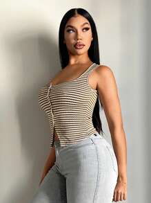 SHEIN SXY Women's Summer Casual Crochet Square Neck Striped Tank Top, Button Down Top, Striped Top, Fitted Top, Summer Tops - Multicolor - View 6