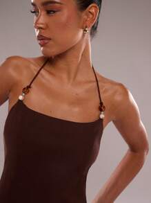 SHEIN BAE Women's Summer Sexy Coffee Brown Solid Color Backless Beaded Halter Neck Top, Vacation Outfits Woman, Casual Top, Business Casual Woman, Going Out - Brown - View 7