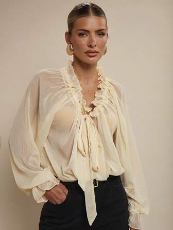 COSMINA Women Simple Elegant Tie Neck Blouse, Boho, Bohemian