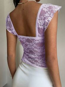 Muchica Elegante maglietta casual estiva da donna con scollo a cuore, maniche a palloncino, ruffle e pizzo viola