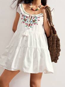 Bohemela 花卉刺绣荷叶边下摆度假休闲连衣裙 - 杏色 - 查看 9