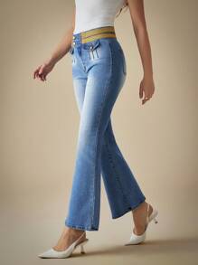 SHEIN BAE 女式休闲水洗牛仔喇叭裤，配腰带环 - 藍色 - 查看 3