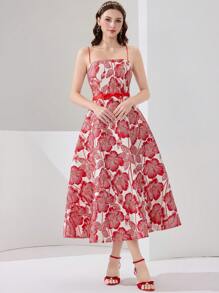 Poshira 女式华丽舞会礼服红色碎花连衣裙女式夏季连衣裙女式太阳裙优雅夏季连衣裙中长连衣裙，女士时尚休闲夏秋季女装生日女装舞会礼服婚礼宾客礼服曲线女装音乐会返校印花连衣裙，面料柔软超弹女装 - 紅色 - 查看 8