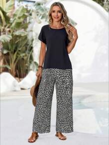 EMERY ROSE 2pcs/Set Women Casual Solid Color Shirt And Leopard Print Pants Suit For Vacation - Multicolor - View 7