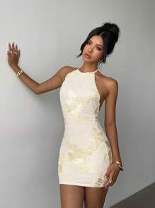 Aloruh 女士性感花卉刺绣露背迷你连衣裙，夏季 - 杏色 - 查看 5