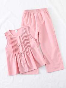 SHEIN Playful Pals Conjunto de 2 piezas de top sin mangas con pliegues y detalle de lazo, y pantalones de pierna ancha, en color liso, de estilo casual y moderno, adecuado para salidas de primavera/verano, vacaciones y uso diario.