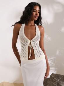 Opulessa 前系带露背吊带罩衫，适合夏季海滩度假 - 白色 - 查看 4