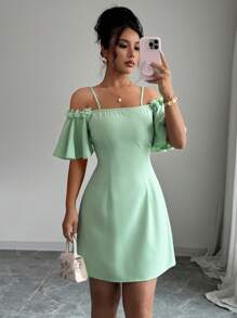 Elenzga Rochie elegantă scurtă pentru femei, cu decor floral 3D, în culori solide, cu umăr gol