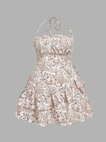 SHEIN MOD Vestido corto con cuello de halter, volantes y estampado floral para mujer de tallas grandes