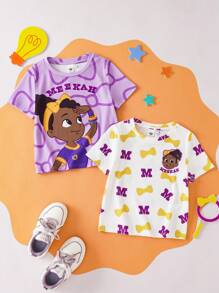 Blippi X SHEIN Set de 2 camisetas de manga corta con estampado de lazo y letra para niña joven