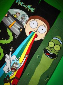 Rick and Morty X SHEIN 3 双男士柔软透气吸湿排汗中筒袜，加固脚趾和脚跟，经久耐用，适合所有季节，黑绿色男女通用 - 彩色 - 查看 5