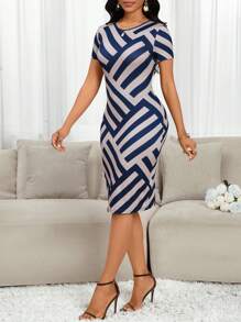 SHEIN Lady Damen Business-Casual Midi Kleid mit geometrischem Muster für Frühling und Sommer, Büromode