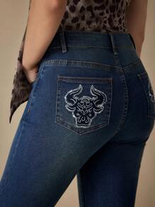 SHEIN BAE 高腰喇叭牛仔裤 - 杏色 - 查看 8