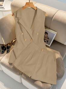 Franclia 女士高端时尚翻领无袖背心和短裤两件套 - 卡其色 - 查看 4