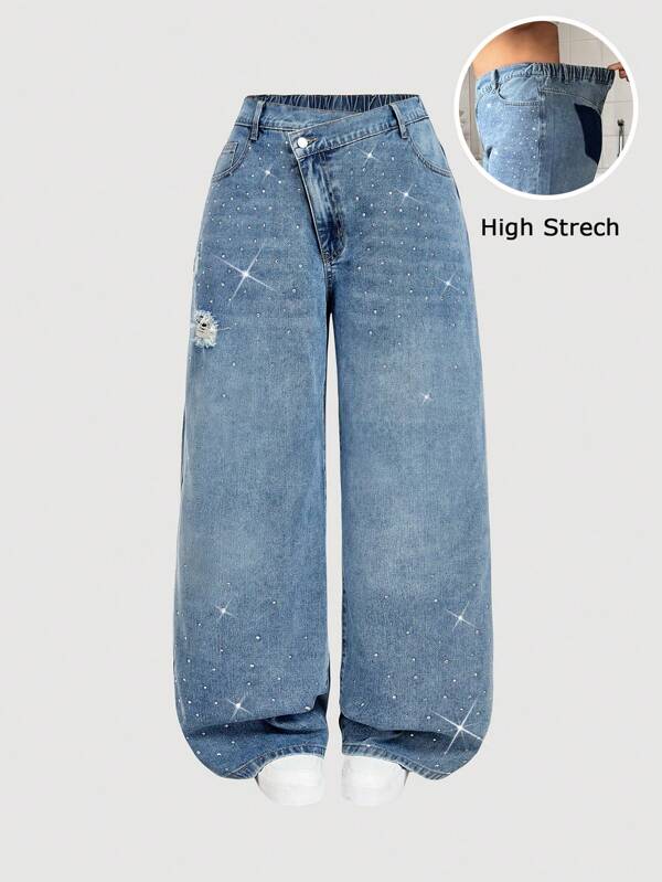 SHEIN MOD Blugi casual cu picior larg, stil Distressed, pentru femei, mărime plus, cu buzunare decorate cu strasuri