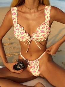 Swim Mod Women's Printed Swimwear, Sweet Tie Bow Ruched Hem Beach Dress Vacation Set, Summer - Multicolor - View 3