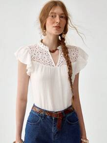 Florisole Bohemian Lace Patchwork Cap Sleeve Women Blouse - White - View 6