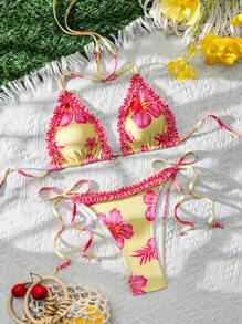 Swim Mod Damen Neuheit Sommer Gingham Volant V-Ausschnitt Neckholder Rückenfrei Wickelcord Dreieck Unterteil 2 Stücke Bikini Badeanzug