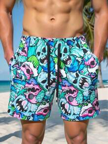 Manfinity Swimmode Men's Cartoon Skull Print Drawstring Waist Loose Casual Beach Shorts Men Matching Swim Trunks Men Swim Trunks Matching Men Swim Trunks Bathing Suit Beachwear Men Swim Trunks Matching,Outdoor Beach Shorts,Quick Dry, Hawaiian BeachModeOn Beach Wear Men Beach Shorts Men Vacation Men Beach Shorts Mens Beachwear