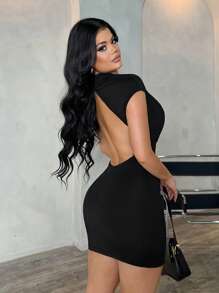 SHEIN SXY Plus Size Women's Elegant Sexy Daily Basic Black Plunging Neck Backless Fitted Mini Dress, Autumn Black Dress Women Deep V Neck Dress Low Cut Dress,Fall Clothes For Women,Elegant Dresses For Women - Black - View 5