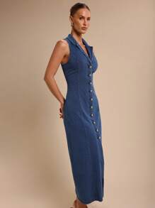 COSMINA 女式优雅日常通勤水钻纽扣弹力牛仔迷你连衣裙，春夏 - 藏蓝色 - 查看 5