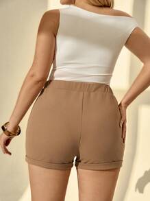 Auralis Plus Size Women Elegant Khaki High Waist Shorts,Summer Everyday Casual Comfortable Metal Buckle Slim Curve Shorts,Office Wear Business Party Bottom - Khaki - View 2