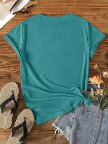 INAWLY Plus Size Summer Casual Cartoon Letter Embroidered T-Shirt