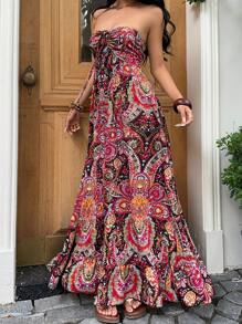 Sunnyshic Elegant Vacation All-Over Print Halter Dress With Ruffled Hem - Multicolor - View 3