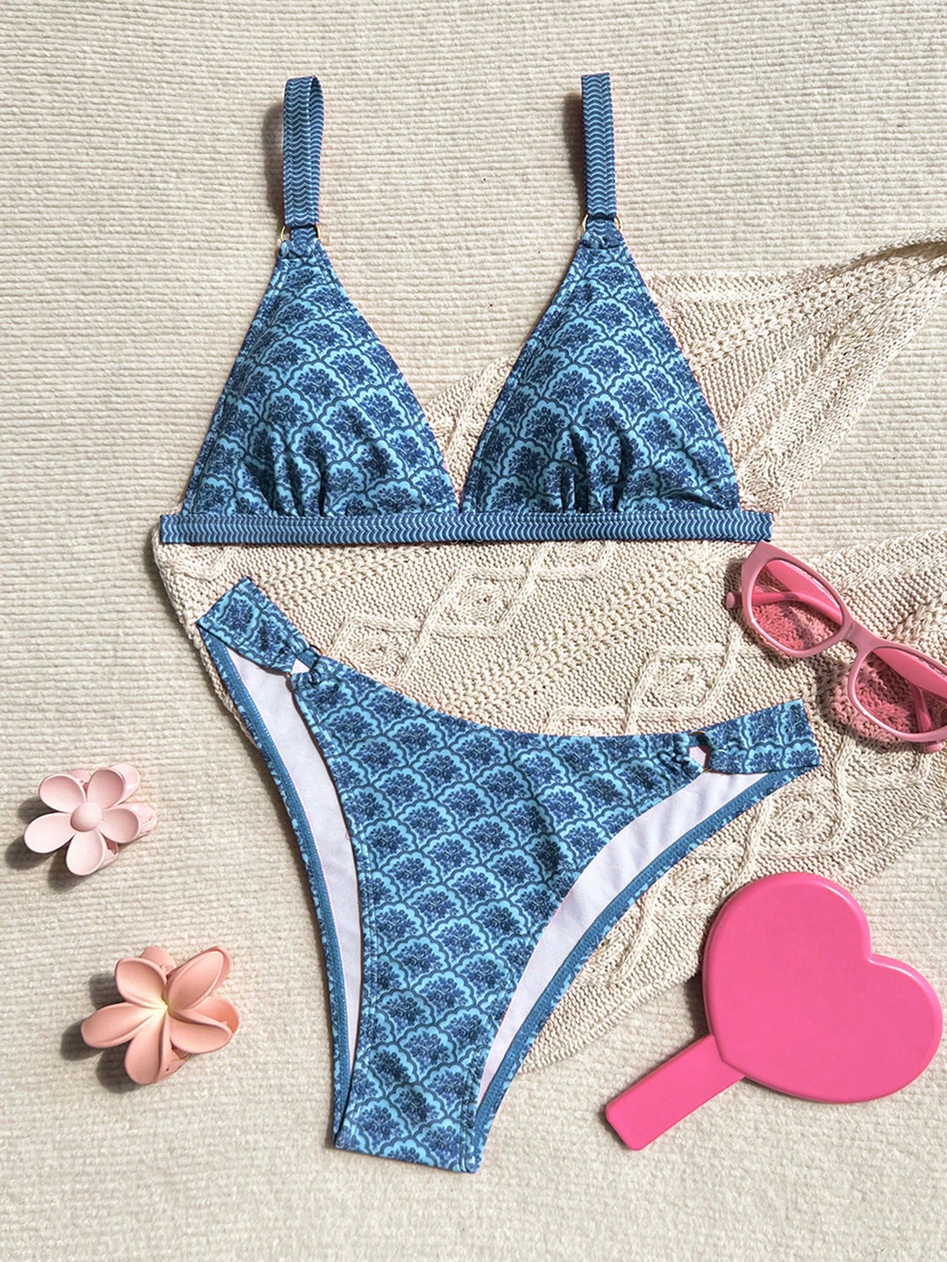 Swim Mod 2 Peças/Conjunto Maiô Bikini Tipo Tanga de Cintura Alta com Estampa Floral Miúda, Roupa de Praia, Feminino - Azul - Visão 2