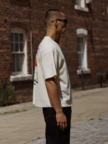 Musero Men Graphic Print Oversized T-Shirt Short Sleeve Drop Shoulder Summer Spring Holiday Vacation Streetstyle - Cream - View 4