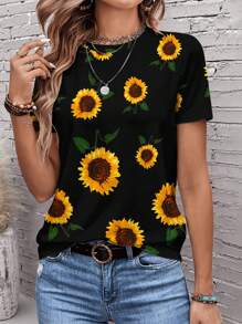 EMERY ROSE Áo thun tay ngắn cổ tròn họa tiết hoa hướng dương thường ngày cho nữ, phù hợp cho mùa hè - Nhiều màu - Xem 3