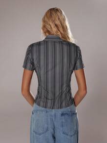 TRNVIE Pink Striped Waist-Cinched Elegant Women's Short Sleeve Blouse - Black - View 2