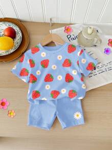 SHEIN Leap Crew Happikins Young Girl Casual Simple Short Sleeve Top And Shorts 2 Pieces Set, Summer Outfit - Multicolor - View 3