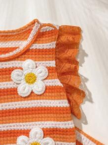 SHEIN 2 pezzi/confezione, completo casual da bambina/bimba 0-3 anni, composto da gilet senza maniche a righe con fiore 3D + pantaloni a zampa, outfit estivo da vacanza per neonati - Arancione - Visualizzare 3