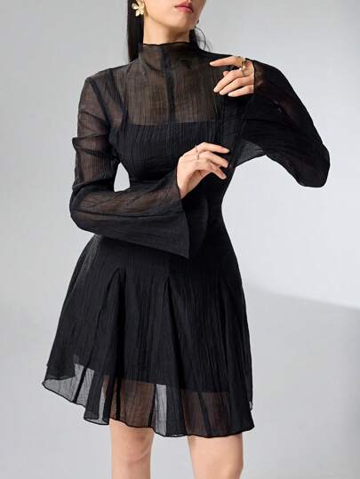 Heiryn فستان نسائي أنيق بأكمام ناعمة واسعة وشبكة تباين، فستان قصير مطوي