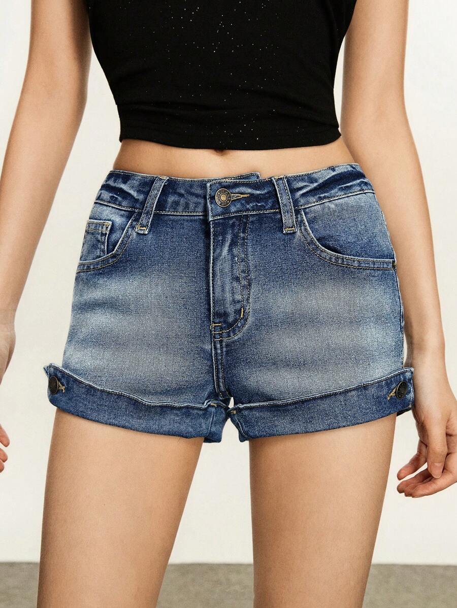 Rina Fox Short vaquero informal de mujer con dobladillo enrollado y bolsillos