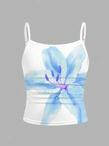 SHEIN Leap Crew 3 件套 Tween Girls 可爱兰花和百合花，清新蓝色扎染热带花卉度假风格花朵，Tween Girls 修身休闲吊带背心 3 件套，海滩复古风格休闲度假可爱 Y2K 椰子女孩波西米亚音乐节，适合夏季 - 彩色 - 查看 3