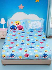 BABY SHARK X SHEIN 1pc Cute Cartoon Pattern Fitted Sheet, Music Pattern, Soft And Warm, Suitable For Various Sizes - Multicolor - View 1