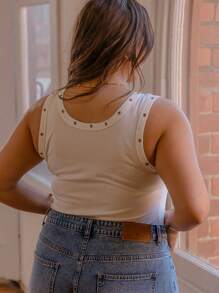 SHEIN Aralina-E 曲线冬季/夏季孔眼细节背心，可爱外出上衣 - 米色 - 查看 2