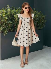 SHEIN Tween Girls Backless Bowknot Cap Sleeve Cinched Waist Casual Dress, Fashionable For Daily Wear And Outings Girls Bow Dress - White - View 4