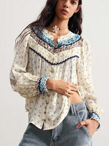 Bohemela Boho Country Vacation Casual Woven Print Long Sleeve Loose Women Blouse