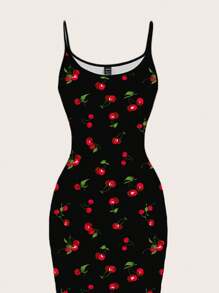 SHEIN EZwear 樱桃印花休闲简约全长紧身吊带裙，适合夏季