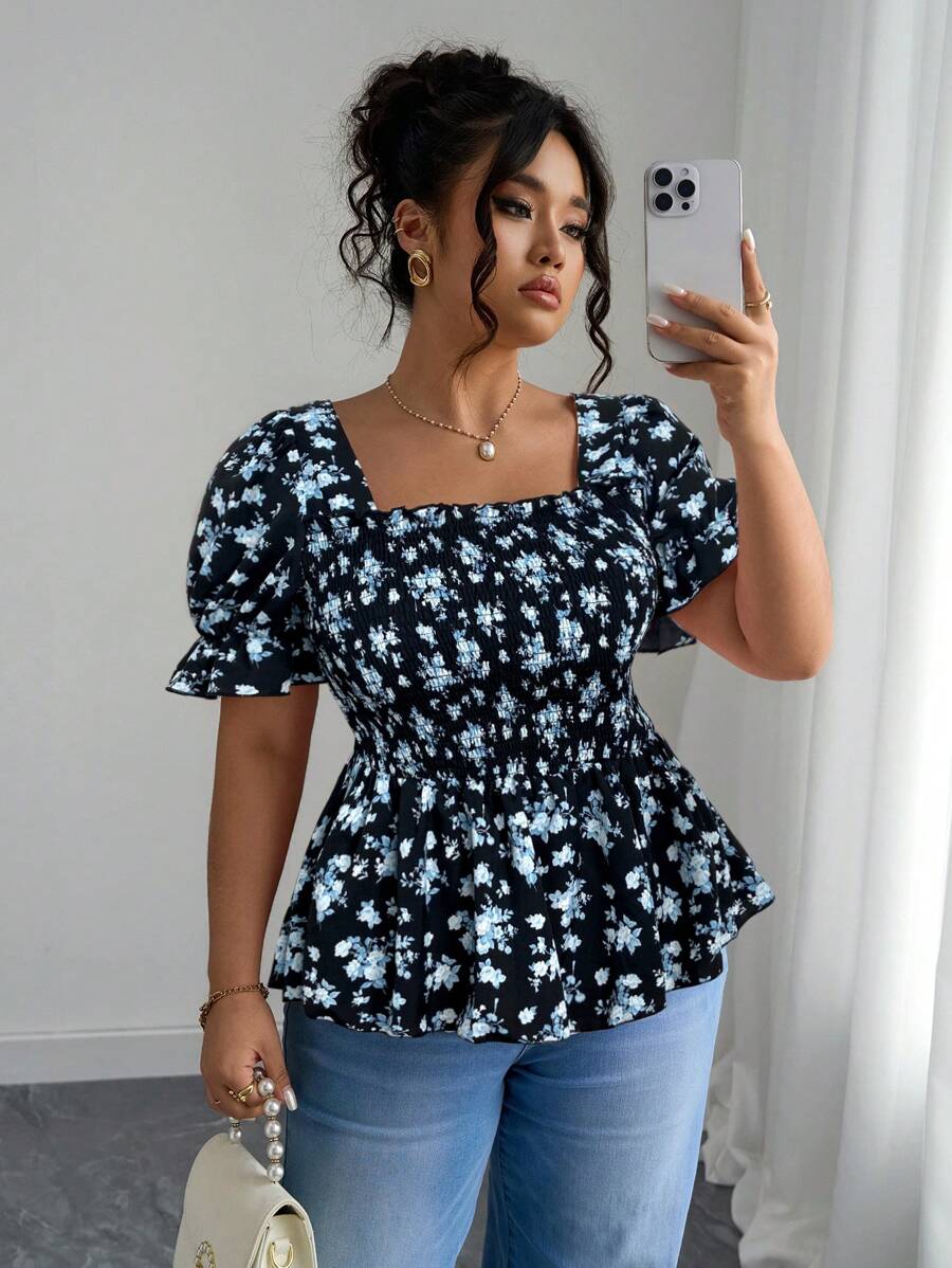 Elenzga Vacation-Inspired Slim-Fit Shirt Design Ditsy Floral Top Floral Top Square Neck Top Puff Sleeve Top Babydoll Top - Multicolor - View 1