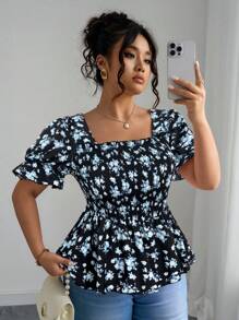 Elenzga Vacation-Inspired Slim-Fit Shirt Design Ditsy Floral Top Floral Top Square Neck Top Puff Sleeve Top Babydoll Top - Multicolor - View 5