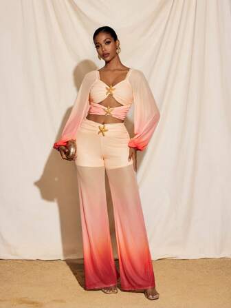 BY FELIZIA Gradient Printed Mesh Pleated Wide Belt Starfish Flared Wide Leg Pants Beach Holiday Women's Summer Women's Casual Pants