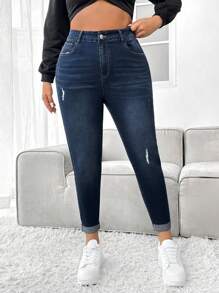 Firerie 大码女式破洞口袋紧身休闲牛仔裤 - 深色水洗藍 - 查看 5