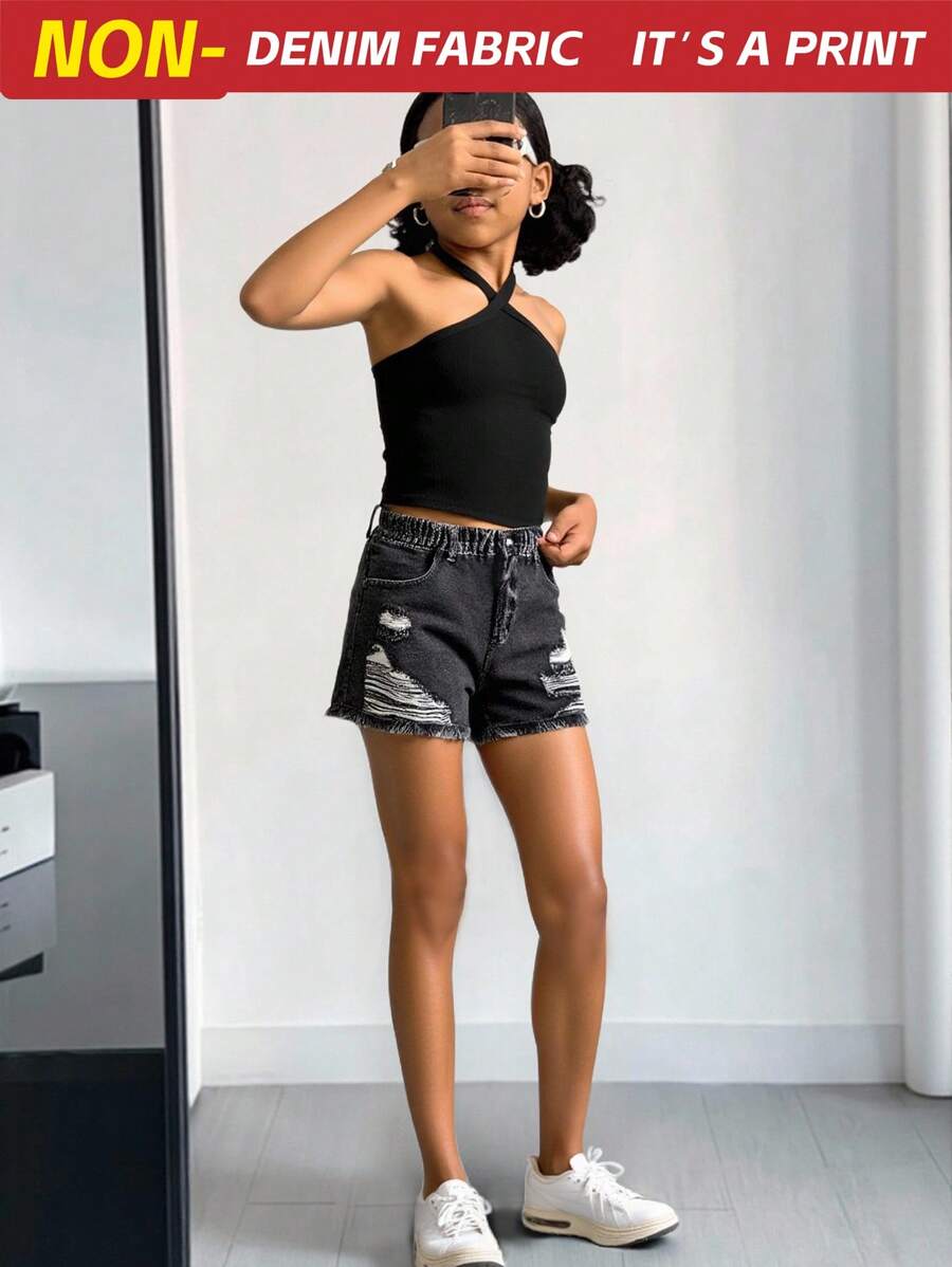 SHEIN Explorewe Tween Girl 2pcs Knitted One Shoulder Top And Distressed Denim Shorts, Casual And Versatile - Black - View 1