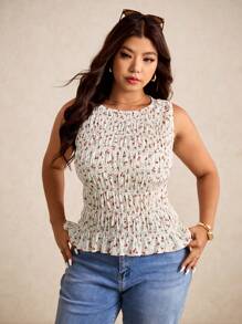 Elaquor 大码女式碎花荷叶边下摆圆领背心